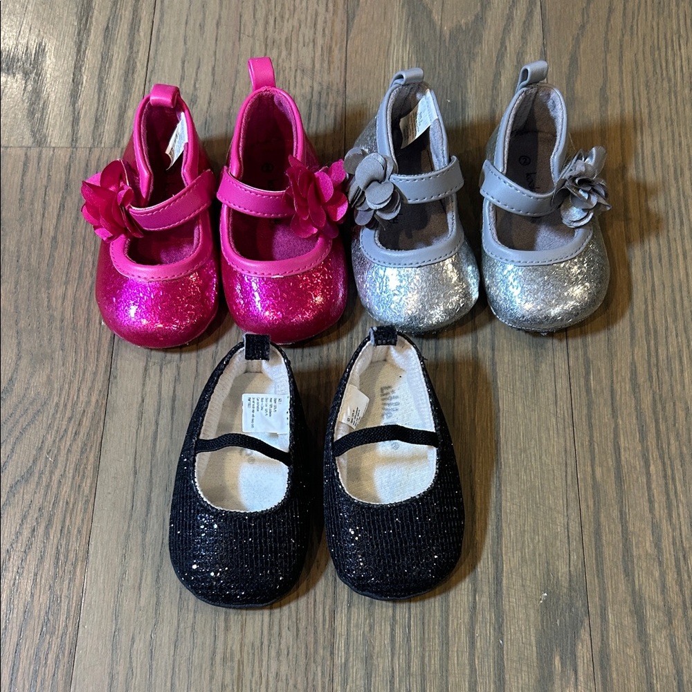 Glitter Mary Jane Baby Shoes in Hot Pink & Silver size 2, & Black size 1